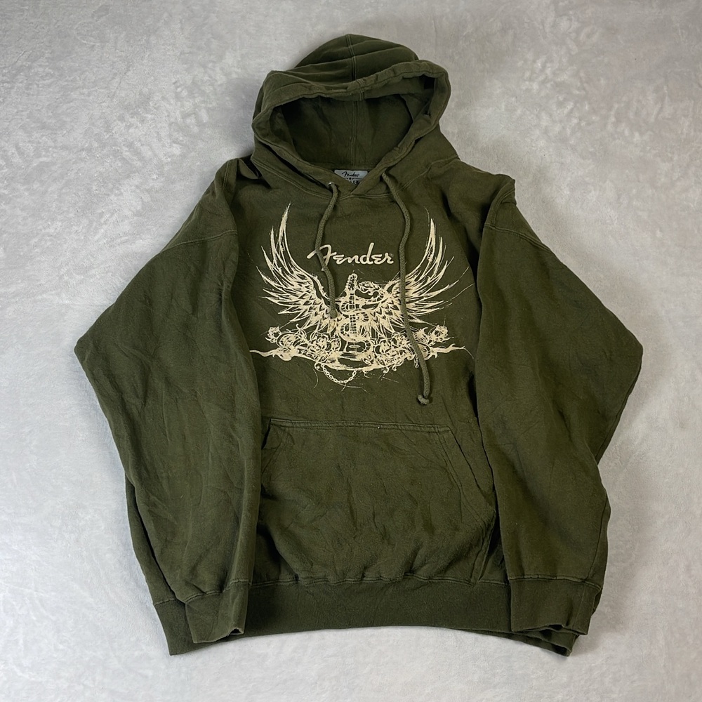 Fender Rock & Roll Lifestyle Men's Hoodie Green Size XL Graphic Wings Eagle Y2K